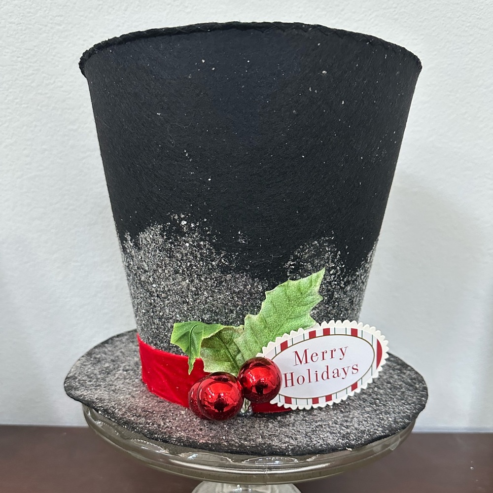 Vtg Christmas Decor Black Top Hat Centerpiece/Tree Topper